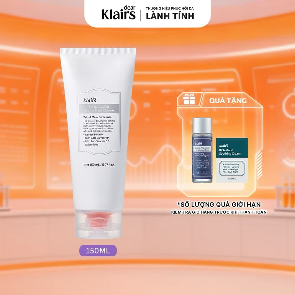 ￼ Sữa rửa mặt Dear, Klairs Freshly Juiced Vitamin Mask Cleanser hỗ trợ làm sáng da 150ml [FS]