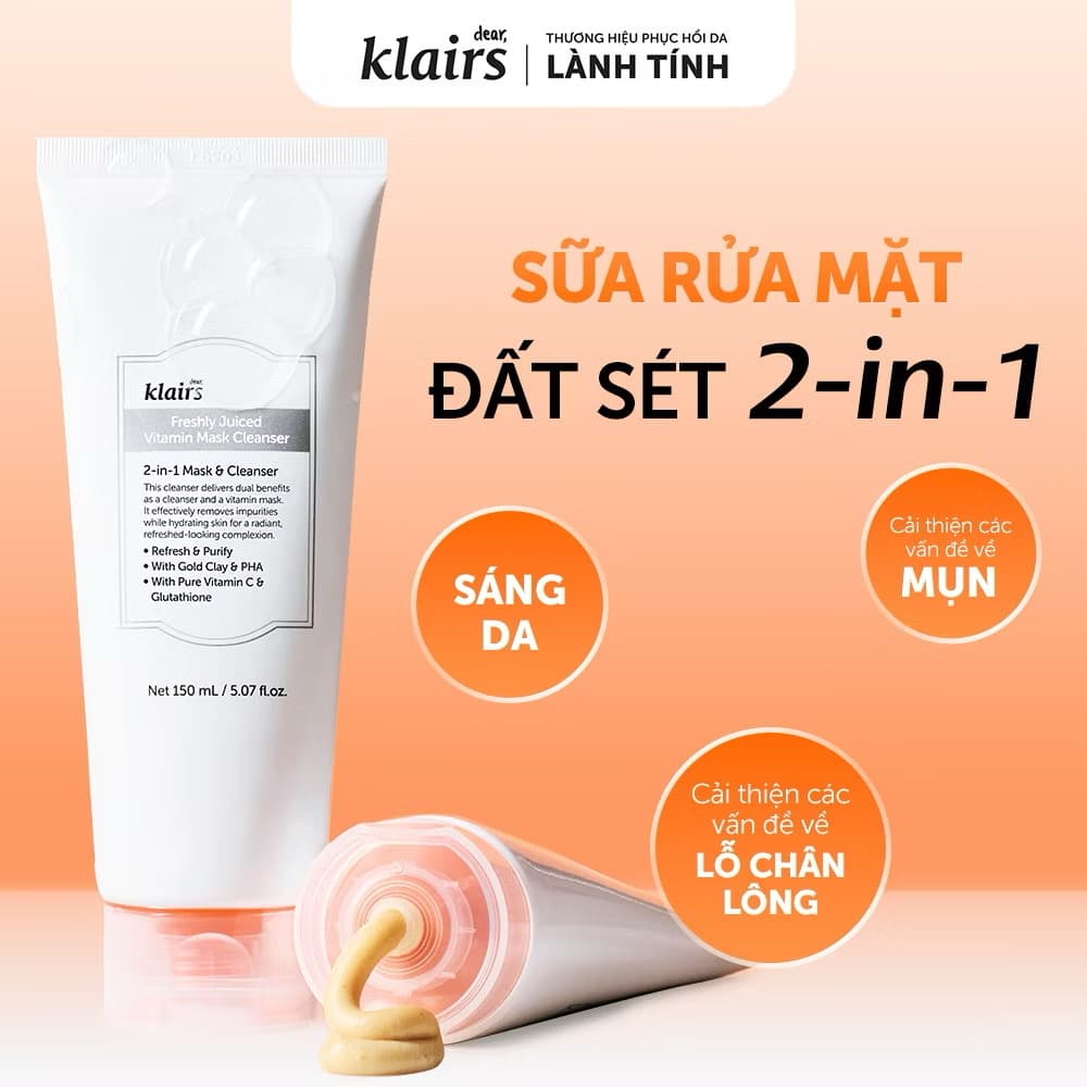 ￼ Sữa rửa mặt Dear, Klairs Freshly Juiced Vitamin Mask Cleanser hỗ trợ làm sáng da 150ml [FS]