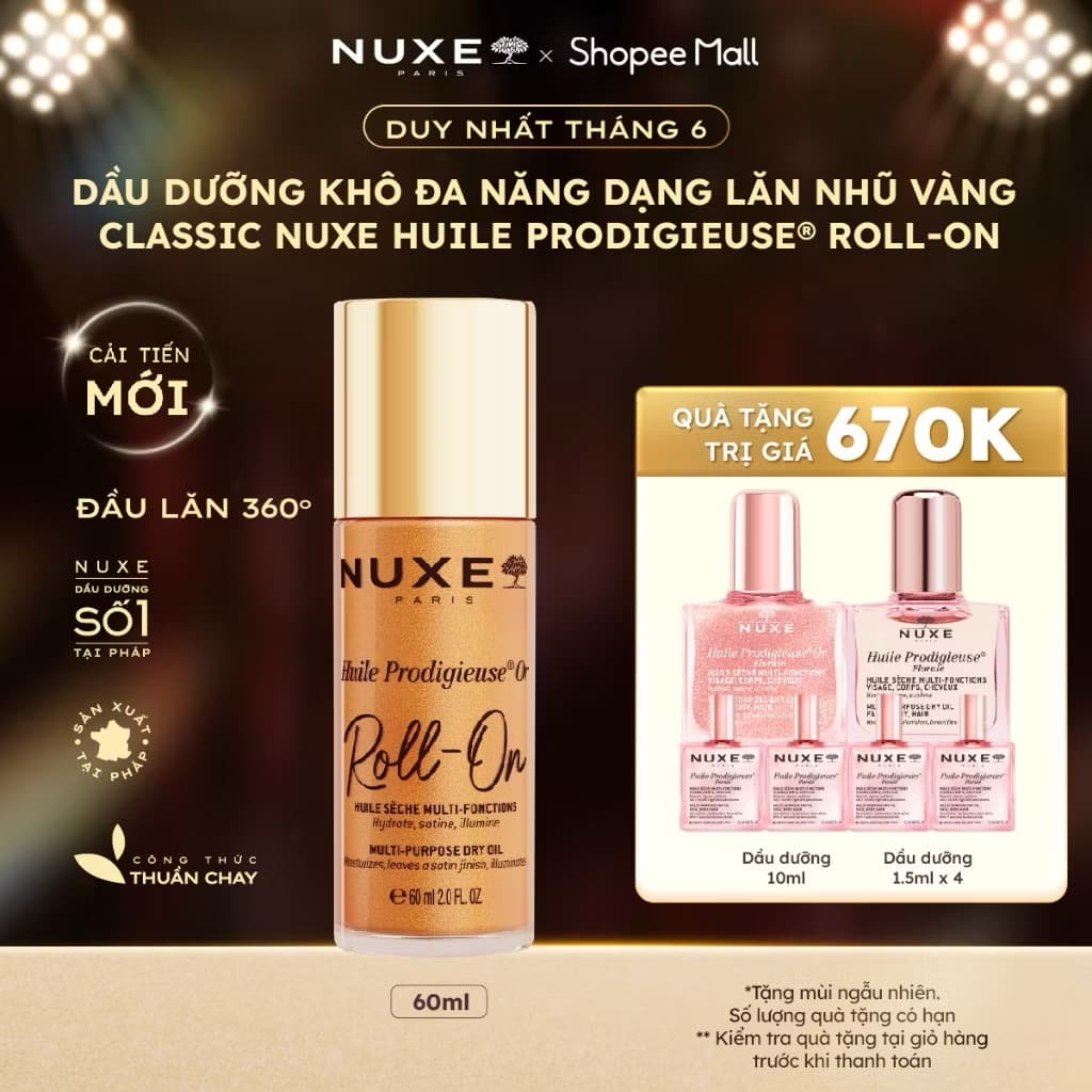 ￼Dầu Khô Đa Năng Dạng Lăn Tiện Lợi Nuxe Huile Prodigieuse® Or ROLL-ON Multi-Purpose Dry Oil 60ML 