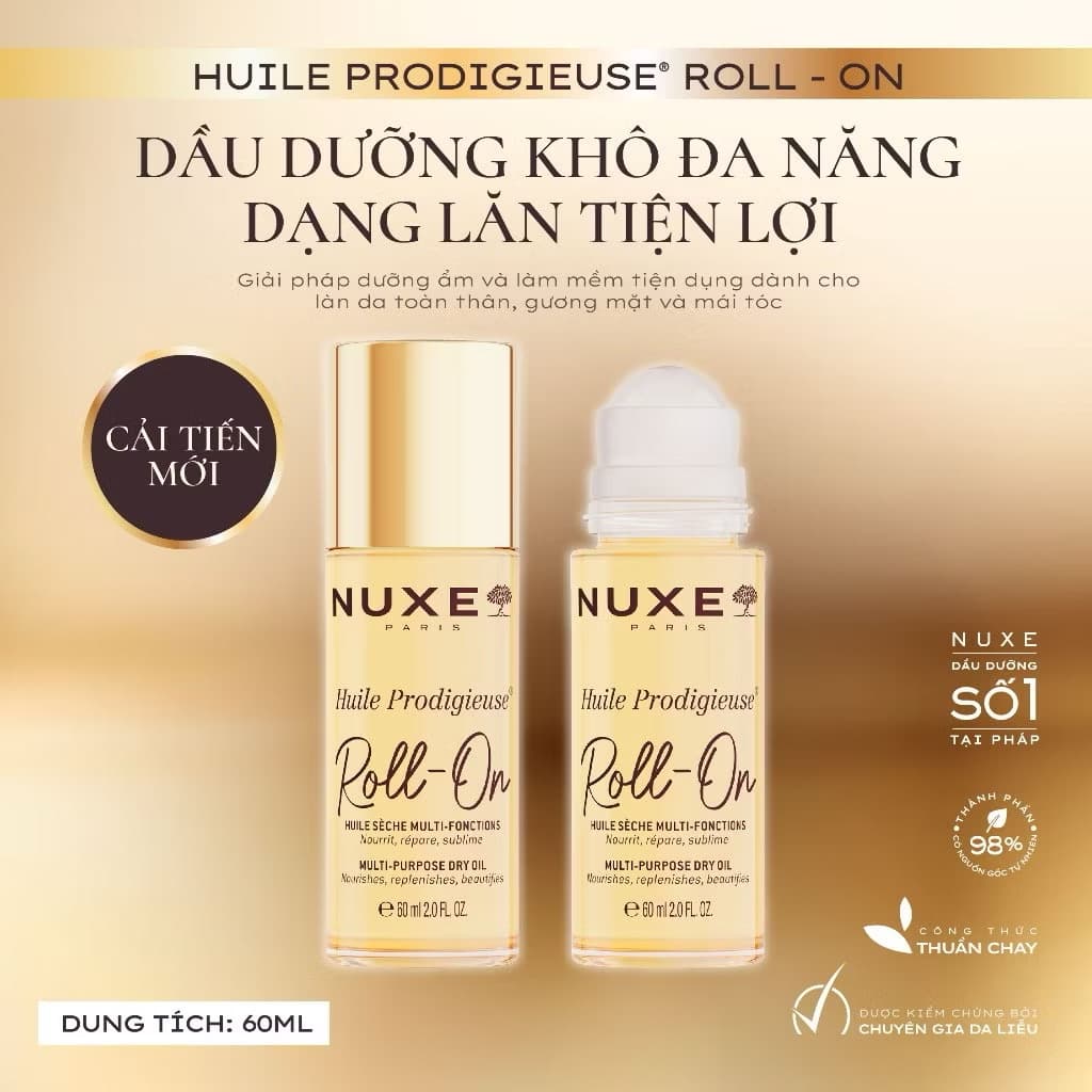 ￼Dầu Khô Đa Năng Dạng Lăn Tiện Lợi Nuxe Huile Prodigieuse® ROLL-ON Multi-Purpose Dry Oil 60ML 
