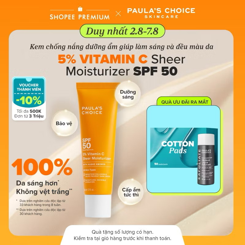 ￼Kem chống nắng dưỡng ẩm giúp làm sáng và đều màu da SPF 50 Paula's Choice 5% Vitamin C 60ml - 1360 