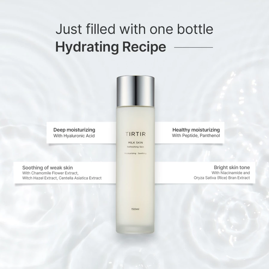 [TIRTIR] Nước Hoa Hồng Dưỡng Ẩm Sâu Hydrating Milk Toner 150ml / 50ml / 20ml (2% Niacinamide, Chamomile, Chiết xuất cám gạo,