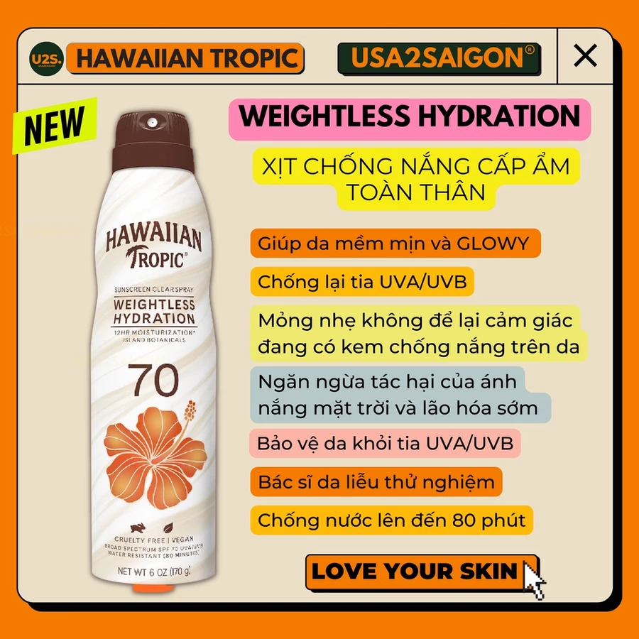 Xịt Chống Nắng Toàn Thân Hawaiian Tropic Clear Spray Sunscreen Silk Hydration SPF 70