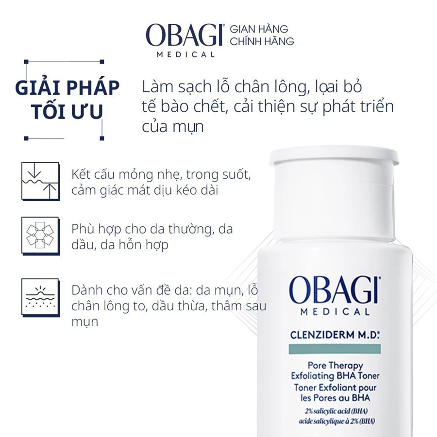 [PHIÊN BẢN MỚI] Toner BHA làm sạch mụn, tẩy tế bào chết Obagi Medical Clenziderm M.D. Pore Therapy Exfoliating BHA 148ml