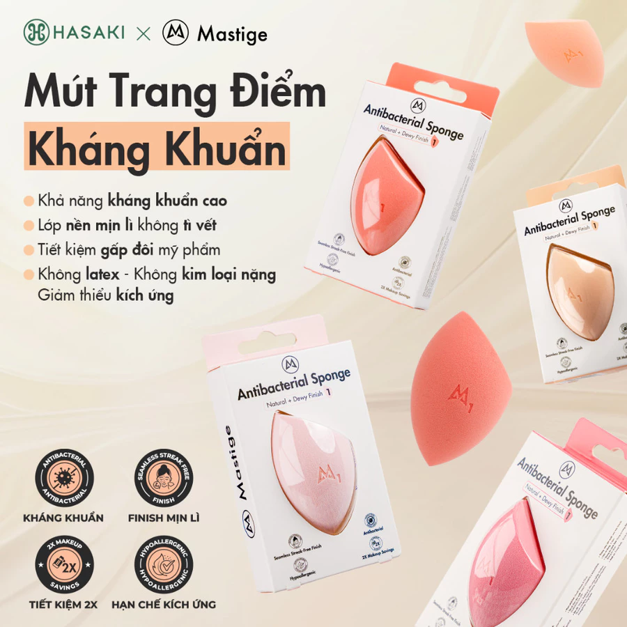 Bộ 4 Mút Trang Điểm Mastige Kháng Khuẩn Nhiều Màu Antibacterial Sponge Hasaki Sản Phẩm Chính Hãng