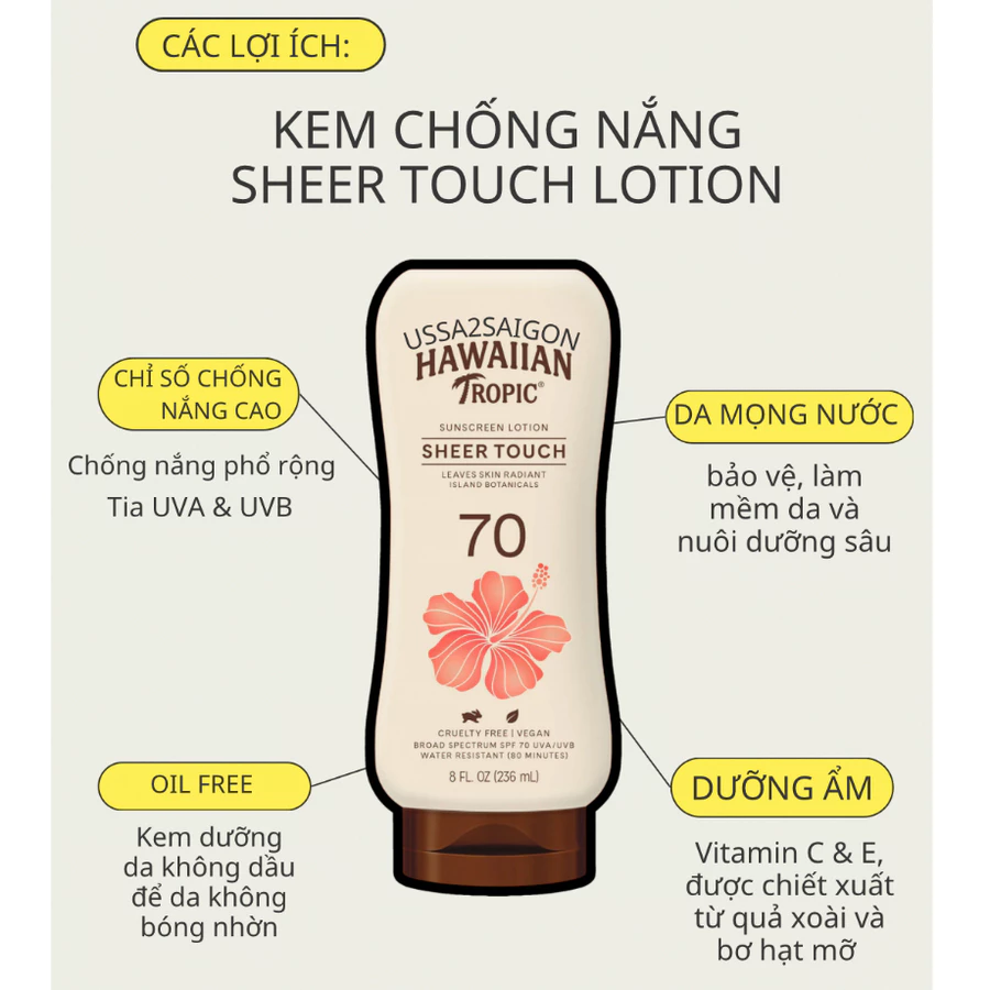 Kem chống nắng dưỡng ẩm toàn thân Hawaiian Tropic Sunscreen Sheer Touch SPF 70 USA2SAIGON