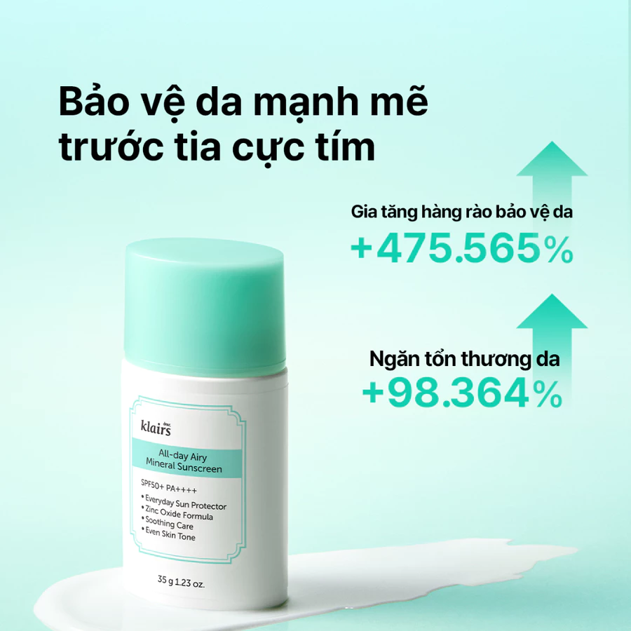 Kem chống nắng Dear, Klairs All-day Airy Mineral Sunscreen SPF50+ PA++++ 35g
