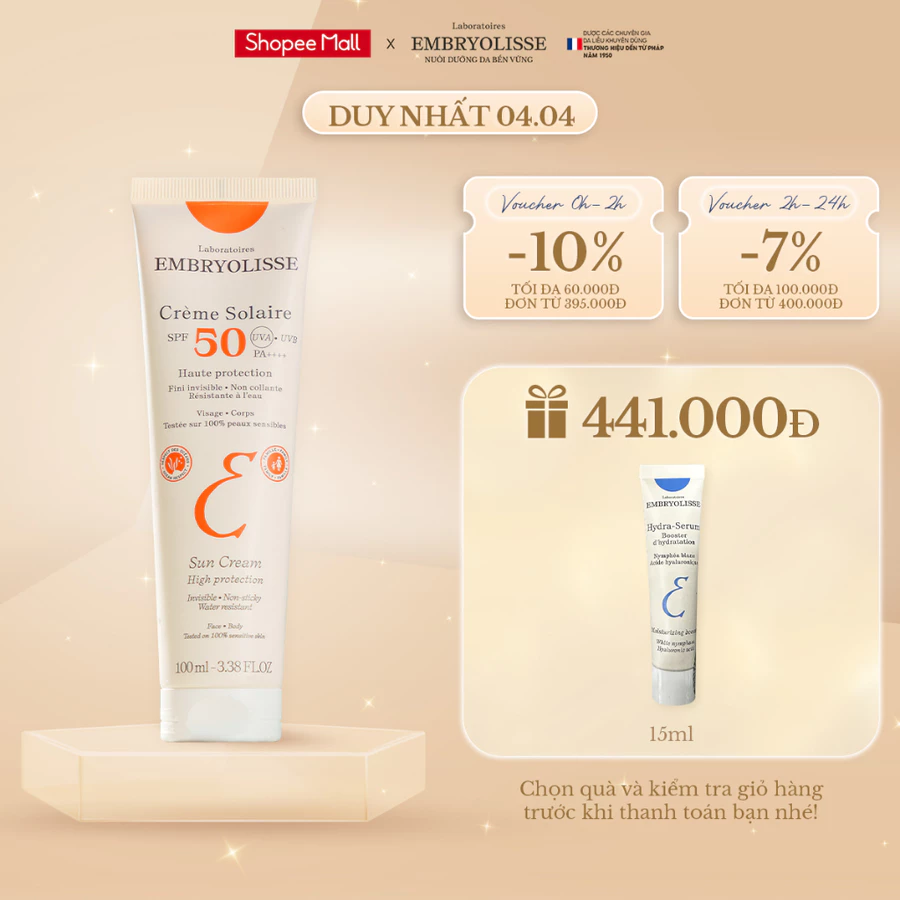 Kem Chống Nắng Hữu Cơ Thế Hệ Mới - Chống UV Phổ Rộng Và Ngăn Ngừa Lão Hóa Embryolisse Dành Cho Da Khô, Nhạy Cảm 100ml