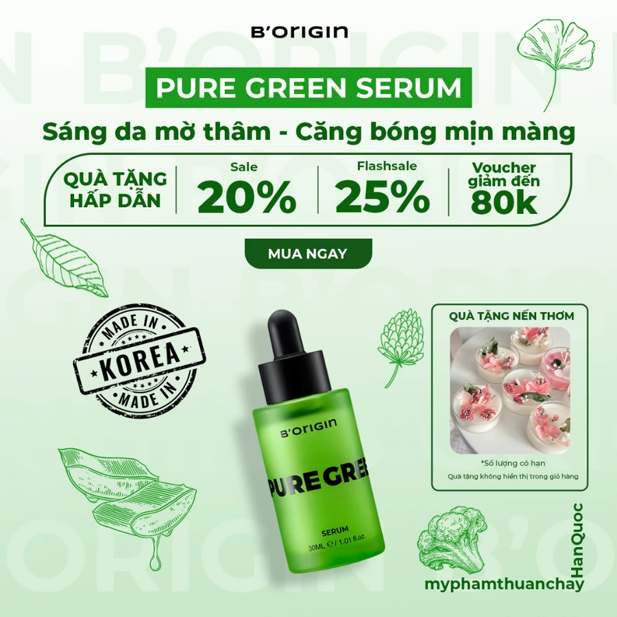 Serum Pure Green B'origin 30ml - Chứa Lô Hội & Bakuchiol, làm da căng mượt, tăng độ đàn hồi