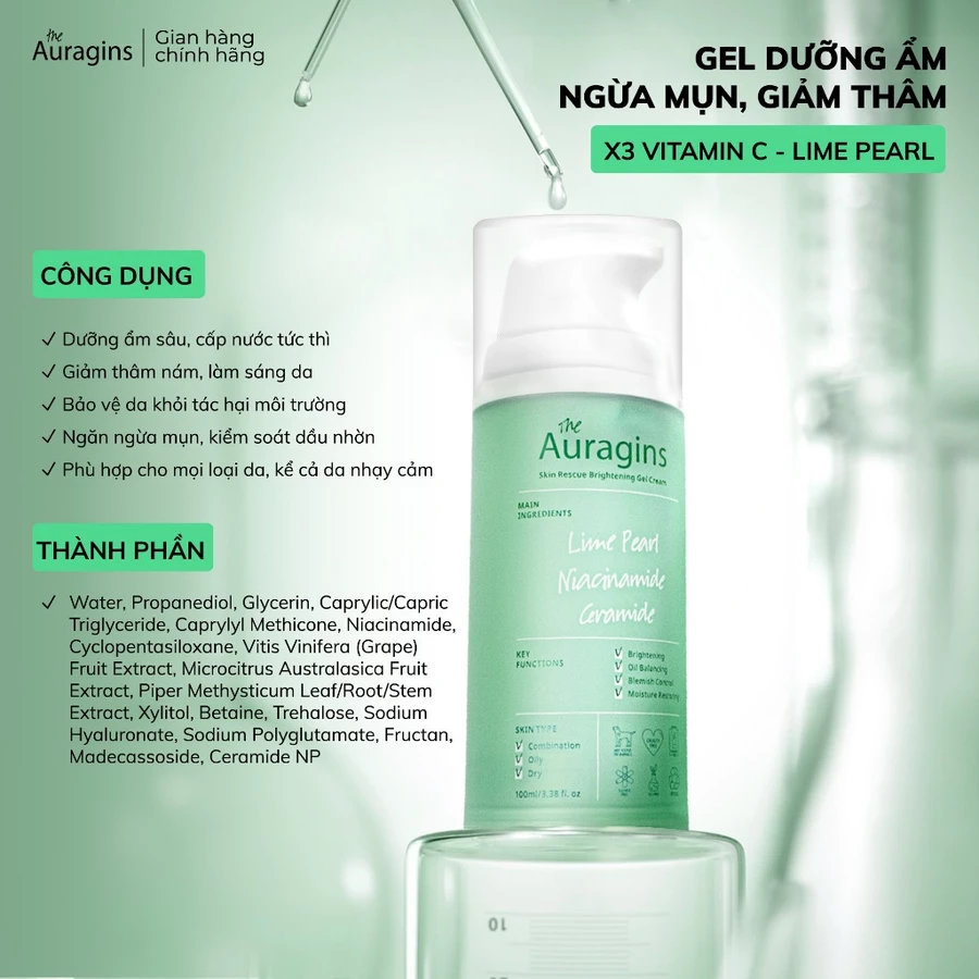 Gel dưỡng ẩm ngừa mụn, giảm thâm The Auragins Skin Gel Cream 100ml